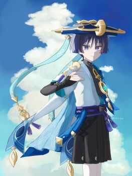 1boy absurdres animal_print armor belt bird bird_on_hand bird_print black_belt black_bodysuit black_bow black_hair black_shorts blue_cape blue_gem blue_hat blue_kimono blue_sky blue_sleeves blunt_ends bodysuit bow bridal_gauntlets bright_pupils cape closed_mouth cloud cloudy_sky commentary_request eyeliner eyeshadow feathers finch furisode gem genshin_impact glowing_gem gold gold_ring grey_bridal_gauntlets hakama hakama_shorts hand_up hat highres japanese_armor japanese_clothes jingasa juban kimono kote kurokote layered_sleeves looking_at_viewer makeup male_focus middle_ring open_clothes open_kimono pleated_shorts pom_pom_(clothes) purple_eyes purple_rope purple_sash red_eyeliner red_eyeshadow rope sash scaramouche_(genshin_impact) short_sleeves shorts sky smile solo standing suke_nnn tassel teeth twitter_username upper_teeth_only vision_(genshin_impact) wanderer_(genshin_impact) white_kimono white_pupils white_sleeves white_trim wispy_bangs yellow_feathers