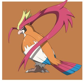 animal_focus beak bird claws closed_mouth full_body gen_1_pokemon highres inahon485 looking_at_viewer mega_pidgeot mega_pokemon nintendo no_humans pidgeot pokemon pokemon_(creature) pokemon_focus red_eyes simple_background solo talons wings