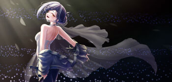 1girl absurdres backless_outfit bare_shoulders black_hair black_pants blue_hair breasts choker commentary concert dress earrings english_commentary from_behind highres iinfp_(artist) incredibly_absurdres jacket jewelry korean_commentary lilpa looking_at_viewer looking_back mixed-language_commentary multicolored_hair off_shoulder open_mouth orange_eyes pants short_hair smile solo spotlight strapless virtual_youtuber waktaverse yellow_eyes