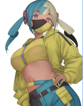 1girl b-ginga bandeau black_mask black_pants blonde_hair blue_eyes blue_hair blue_pants canari_(pokemon) commentary_request dark-skinned_female dark_skin hand_on_own_hip highres jacket long_sleeves looking_at_viewer mask mouth_mask multicolored_hair navel nintendo pants pokemon pokemon_legends:_z-a solo split-color_hair twintails two-tone_hair two-tone_mask two-tone_pants white_background yellow_bandeau yellow_jacket yellow_mask yellow_nails