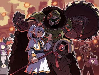 3boys 3girls :t armor aura_(sousou_no_frieren) axe battle_axe capelet clenched_hand crossover demon demon_girl disembodied_head doom:_the_dark_ages doom_(series) doomguy elf fern_(sousou_no_frieren) frieren gold_trim green_armor grey_hair hair_over_shoulder hand_up helmet highres holding holding_staff jitome knight_protecting_princess_(meme) long_sleeves looking_at_another mage_staff meme multiple_boys multiple_girls outdoors parody pointy_ears pout power_armor purple_hair red_hair shield sousou_no_frieren space_marine staff stark_(sousou_no_frieren) tina_fate trait_connection twintails weapon weapon_on_back