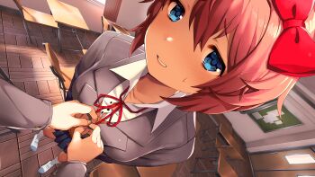 1boy 1girl adjusting_another's_clothes adjusting_neck_ribbon ankle_socks arms_behind_back blazer blue_eyes blue_skirt blush bow breasts brown_hair brown_sweater_vest bulletin_board button_gap buttons chair classroom collarbone collared_shirt curtains day desk doki_doki_literature_club doki_doki_literature_club_school_uniform door dot_nose double-parted_bangs dress_shirt dutch_angle embarrassed eyebrows_hidden_by_hair fisheye from_above full_body furrowed_brow game_cg grey_jacket grin hair_between_eyes hair_bow highres indoors jacket light_smile long_eyelashes long_sleeves looking_at_another looking_at_viewer medium_breasts miniskirt neck_ribbon nervous non-web_source nose_blush official_art pleated_skirt pov pov_hands protagonist_(doki_doki_literature_club) raised_inner_eyebrows red_bow red_ribbon ribbon satchely sayori_(doki_doki_literature_club) school school_desk school_uniform shirt shoes short_hair sidelocks skirt small_sweatdrop smile socks solo_focus sparkling_eyes standing sweater_vest teeth thick_eyelashes v-neck wavy_hair white_shirt white_shoes white_socks window wooden_floor