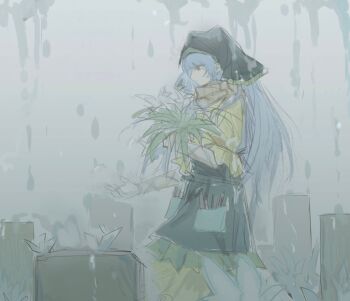 1girl apron arm_ribbon blue_hair bouquet brown_ribbon closed_mouth cloud cloudy_sky dress expressionless feet_out_of_frame flower frilled_sleeves frills graveyard green_apron green_headscarf haniyasushin_keiki headscarf highres holding holding_bouquet long_dress long_hair looking_at_object orange_scarf outdoors outstretched_hand pink_eyes plaid_clothes plaid_scarf pocket puffy_short_sleeves puffy_sleeves rain ribbon scarf short_sleeves sky solo standing tools touhou us51927694 very_long_hair white_flower yellow_dress