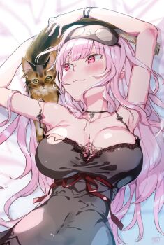 1girl black_mask black_nightgown blush breasts cat collarbone covered_navel highres hololive hololive_english kamiya_maneki large_breasts long_hair mask mask_on_head messy_hair mori_calliope mori_calliope_(sleepwear) nightgown off_shoulder official_alternate_costume pink_eyes pink_hair skull_choker sleep_mask tutu_(mori_calliope) very_long_hair virtual_youtuber