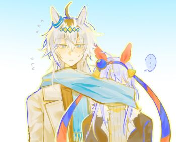 ... 2girls ahoge animal_ears black_coat black_streaks black_sweater blue_background blue_eyes blue_hair blue_hairband blue_scarf coat colored_speech_bubble commentary covered_face double-parted_bangs ear_covers english_commentary flying_sweatdrops frown fur-trimmed_coat fur_trim gradient_background grey_sweater hairband height_difference highres horse_ears horse_girl long_hair lowpolyaiden multiple_girls oguri_cap_(umamusume) open_clothes open_coat ribbed_sweater scarf scarf_over_mouth shared_clothes shared_scarf simple_background slit_pupils speech_bubble spoken_ellipsis sweatdrop sweater tamamo_cross_(umamusume) turtleneck turtleneck_sweater umamusume upper_body white_coat white_hair worried