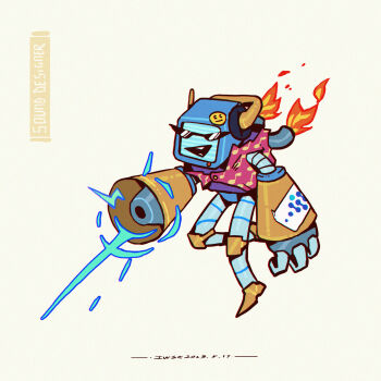 1other arm_at_side arm_cannon artist_name bottomless character_name chromatic_aberration dated english_text fire firing full_body hand_up headphones highres humanoid_robot iwse_zhang musical_note musical_note_print open_mouth original other_focus print_shirt red_shirt robot shirt signature simple_background sleeveless sleeveless_shirt solo sticker sunglasses triangular_eyewear weapon white_background