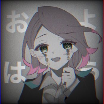 1boy :d asymmetrical_bangs black_jacket chromatic_aberration colored_tips commentary enmu_(kimetsu_no_yaiba) facial_mark fangs good_morning green_eyes grey_hair hand_up jacket kimetsu_no_yaiba light_blush long_sleeves looking_at_viewer male_focus medium_hair multicolored_hair open_mouth portrait rukatani smile solo straight-on symbol-shaped_pupils tears_facial_mark text_background translated trap undershirt vignetting