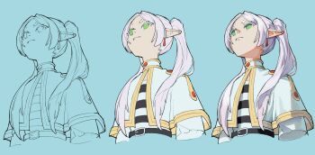 Rule 34 | 1girl, blue sky, capelet, colored eyelashes, cropped torso, earrings, elf, flat color, frieren, gold trim, green eyes, grey hair, hair over shoulder, head back, highres, how to, jewelry, lineart, long pointy ears, long sleeves, looking up, mechams, multiple views, parted bangs, pointy ears, shirt, sky, sousou no frieren, standing, striped clothes, striped shirt, teardrop earrings, upper body, upward angle frieren drawing (meme)