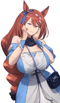 1girl absurdres animal_ears bag between_breasts blue_bag blue_dress blue_eyes blue_scarf blue_wrist_cuffs bow braid breasts brown_hair closed_mouth dress ear_bow hair_between_eyes hands_on_own_cheeks hands_on_own_face highres horse_ears horse_girl large_breasts long_hair looking_at_viewer multicolored_hair scarf shou_illust shoulder_bag smile solo strap_between_breasts streaked_hair super_creek_(murmuring_stream)_(umamusume) super_creek_(umamusume) umamusume very_long_hair white_hair wrist_cuffs