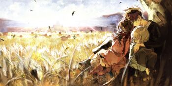 1girl 2boys absurdres armin_arlert black_hair blonde_hair brown_hair day edward_shidan eren_yeager grass highres leaning_on_person mikasa_ackerman multiple_boys outdoors pants red_scarf scarf shingeki_no_kyojin sitting sun sunlight tree under_tree yokozuwari