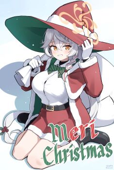 1girl absurdres adjusting_clothes adjusting_headwear alternate_costume artist_name belt black_boots blue_archive boots bow bowtie braid breasts christmas commentary commentary_request diagonal-striped_bow diagonal-striped_bowtie diagonal-striped_clothes dress_shirt english_commentary eri_(blue_archive) full_body fur-trimmed_jacket fur-trimmed_shawl fur-trimmed_skirt fur_trim gloves green_bow grin hair_between_eyes hair_ornament halo hat highres holding holding_sack holly_hair_ornament jacket korean_commentary large_breasts light_blush long_hair long_sleeves merry_christmas mixed-language_commentary orange_eyes orange_halo pun red_hat red_jacket red_shawl red_skirt sack sack_behind_back santa_costume shawl shirt side_halo sitting skirt smile solo striped_bow striped_bowtie striped_clothes tilted_halo twitter_username two-sided_fabric two-sided_headwear ujuro undershirt very_long_hair wariza white_gloves white_hair white_shirt witch_hat