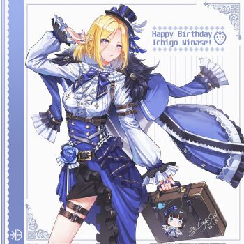 1girl aoi_erika belt blonde_hair blue_flower blue_rose briefcase chibi commentary_request english_text fingernails flower heaven_burns_red highres holding holding_briefcase jacket jacket_on_shoulders looking_at_viewer minase_ichigo nail_polish rose sail_678 stuffed_toy thigh_strap unworn_jacket