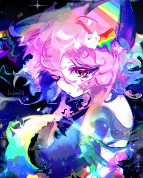 1girl abstract animal_ears blue_background cat_ears cat_girl closed_mouth cloud_(lufaeris) colorful distortion from_side gradient_hair highres looking_at_viewer multicolored_hair original parted_bangs pink_eyes pink_hair rainbow_hair_ornament short_hair_with_long_locks solo upper_body