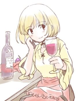 1girl against_table aki_minoriko alcohol apron black_skirt blonde_hair blush bottle brown_eyes commentary_request cup drinking_glass grape_hat_ornament hat head_on_hand holding holding_cup long_sleeves rangycrow red_apron red_hat red_wine shirt sitting sketch skirt smile solo table touhou unworn_headwear wine wine_bottle wine_glass yellow_shirt