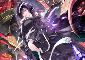 1girl asama_(azur_lane) azur_lane bare_shoulders black_hair black_kimono black_nails blunt_sidelocks blush breasts cleavage cup floral_print hair_over_one_eye heaven highres japanese_clothes kimono large_breasts long_hair looking_at_viewer navel oriue_wato print_kimono sakazuki sakura_empire_(emblem) sidelocks smile solo white_hair wide_sleeves