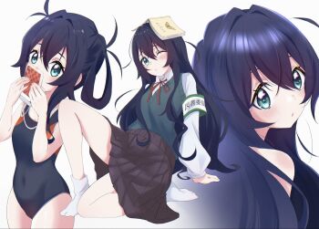 Rule 34 | 1girl, aqua eyes, arm support, armband, black hair, black one-piece swimsuit, black skirt, blush, book, book on head, breasts, cellphone, collared shirt, commentary request, covered navel, covering own mouth, doublemengu, green armband, green sweater vest, highres, holding, holding phone, kimi no koto ga dai dai dai dai daisuki na 100-nin no kanojo, knee up, long hair, long sleeves, looking at viewer, multiple views, neck ribbon, no shoes, object on head, ohananomitsu high school uniform, one-piece swimsuit, one eye closed, open book, parted lips, phone, pleated skirt, red ribbon, ribbon, school uniform, shirt, simple background, sitting, skirt, small breasts, smartphone, smartphone pouch, socks, sweater vest, swimsuit, translation request, white background, white shirt, white socks, yoshimoto shizuka