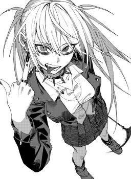 Rule 34 | 1girl, 6kal a, collar, collared shirt, commentary request, cropped jacket, ear piercing, earrings, fingernails, foreshortening, from above, greyscale, hand up, jacket, jewelry, long fingernails, long hair, looking at viewer, loose socks, middle finger, monochrome, nail polish, open clothes, open jacket, original, piercing, pleated skirt, ring, ringed eyes, scythe, shirt, shoes, simple background, skirt, socks, solo, spiked collar, spikes, standing, tongue, tongue out, tongue piercing, twintails, white background