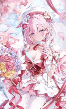 1girl absurdres aida_noa beret blurry blurry_foreground blush bouquet braid braided_bangs breasts cleavage closed_mouth collarbone commentary_request diamond-shaped_pupils diamond_(shape) dress earrings elysia_(hi_love_elf)_(honkai_impact) elysia_(honkai_impact) flower gloves hair_ornament hand_up hat heart heart_earrings heart_hair_ornament highres holding holding_bouquet holding_flower honkai_(series) honkai_impact_3rd jewelry large_breasts long_hair looking_at_viewer pantyhose pink_hair pink_petals pointy_ears purple_eyes single_glove sitting smile solo symbol-shaped_pupils white_dress white_gloves white_hat white_pantyhose