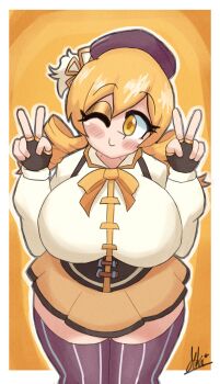 beret blonde_hair border bowtie breasts brown_hat closed_mouth double_v drill_hair eyeshadow fingerless_gloves flower from_above gloves hair_flower hair_ornament hat huge_breasts long_hair mahou_shoujo_madoka_magica miks381 one_eye_closed outline plump shirt signature skirt smile solo striped_thighhighs thick_thighs thighs tomoe_mami twin_drills v vertical-striped_clothes vertical-striped_thighhighs white_border white_outline white_shirt yellow_background yellow_bow yellow_bowtie yellow_eyes yellow_eyeshadow yellow_flower yellow_skirt