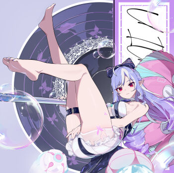 1girl absurdres ahoge animal_print ass bare_shoulders barefoot between_legs bow bowtie breasts bubble butterfly_print closed_mouth clothing_cutout commentary_request drill_hair drill_sidelocks feet frilled_one-piece_swimsuit frills full_body gokusaishiki_(1376145360) hair_bow hand_between_legs highres holding holding_umbrella legs_up light_smile long_hair looking_at_viewer medium_breasts mole mole_under_eye multicolored_umbrella nail_polish no_shoes official_alternate_costume one-piece_swimsuit pink_umbrella pointy_ears purple_background purple_bow purple_bowtie purple_hair purple_nails red_eyes see-through_clothes sideboob_cutout sidelocks soles solo swimsuit thigh_strap toenail_polish toenails toes two-tone_one-piece_swimsuit umbrella vivian_banshee vivian_banshee_(iris_of_the_shore) white_one-piece_swimsuit zenless_zone_zero