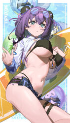 Rule 34 | 1girl, absurdres, airseal, animal ears, aqua eyes, bikini, bikini under shorts, black bikini, black shorts, blush, breasts, clothes lift, commentary request, extra ears, eyewear on head, hair between eyes, highres, large breasts, long hair, long sleeves, looking at viewer, navel, official alternate costume, open clothes, open shorts, panda, panda ears, panda girl, purple-framed eyewear, round eyewear, shirt, shirt lift, short shorts, shorts, skindentation, solo, stomach, string bikini, strinova, surfboard, sweat, swimsuit, thigh strap, thighs, white shirt, yvette (seaside venture) (strinova), yvette (strinova)