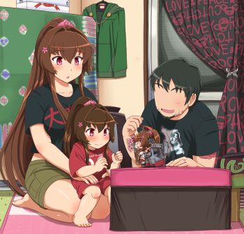 10s 1boy 2girls artist_self-insert bad_id bad_pixiv_id beard black_hair blush darth_vader faceless faceless_male facial_hair family hair_between_eyes jewelry kantai_collection ko-yamato long_hair multiple_girls nendoroid otaku ponytail ring seiza shin'en-san_(shin'en) shin'en_(gyokuro_company) shirt shorts sitting smile star_wars t-shirt toy very_long_hair wedding_band wedding_ring yamato_(kancolle)