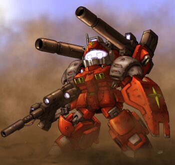 Rule 34 | absurdres, assault visor, beam rifle, blue visor, chibi, commentary request, dust cloud, earth federation, energy gun, full body, gun, guncannon, gundam, highres, holding, holding gun, holding weapon, mecha, mecha focus, mobile suit, mobile suit gundam, no humans, redesign, robot, science fiction, sd gundam, shoulder cannon, signature, solo, standing, weapon, yatta070622