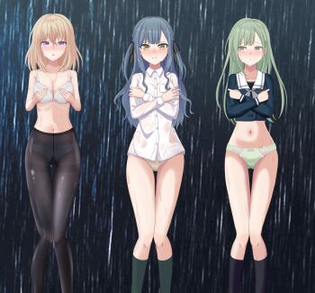 3girls bang_dream! bang_dream!_it's_mygo!!!!! black_pantyhose black_shirt black_socks blonde_hair blue_hair blush breast_pocket breasts camisole collared_shirt covering_breasts covering_privates feet_out_of_frame frown green_hair hair_between_eyes hair_ornament hair_ribbon hairclip hand_on_own_chest highres kikutogeeeee knees_together_feet_apart long_hair long_sleeves looking_at_viewer looking_to_the_side medium_breasts misumi_uika multiple_girls navel paid_reward_available panties panties_under_pantyhose pantyhose parted_lips pocket purple_eyes rain ribbon shirt skirt socks solo standing togawa_sakiko underwear wakaba_mutsumi wet white_camisole white_panties white_shirt yellow_eyes