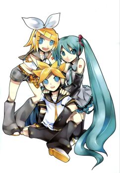 1boy 2girls blonde_hair blue_eyes blue_hair bow commentary english_commentary hatsune_miku kagamine_len kagamine_rin kei_(keigarou) midriff multiple_girls necktie number_tattoo official_art scan sitting tattoo third-party_source vocaloid white_background white_bow