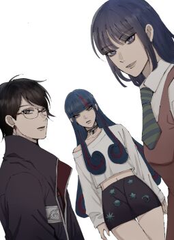 3girls ada_(naruto) black_eyes black_hair black_jacket black_shorts blue_eyes blue_hair boruto:_two_blue_vortex choker commentary crescent diagonal-striped_clothes diagonal-striped_necktie dutch_angle earrings glasses highres ifevilwhyuhot jacket jewelry kakei_sumire konohagakure_symbol long_hair midriff multicolored_hair multiple_girls naruto_(series) navel necktie purple_hair shirt short_hair short_shorts shorts sleeves_past_wrists star_(symbol) streaked_hair striped_clothes two-tone_hair uchiha_sarada uchiha_symbol very_long_hair white_shirt