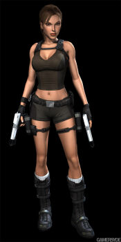 3d bare_shoulders bike_shorts boots breasts brown_hair cleavage fingerless_gloves gloves gun handgun lara_croft large_breasts legs long_hair midriff navel pistol ponytail shirt shorts simple_background socks solo standing tomb_raider weapon