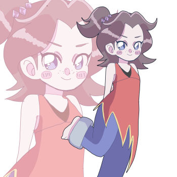 1girl absurdres barefoot blue_eyes blue_pants blush_stickers brown_hair chamaruru_honpo commentary_request curtained_hair donkey_kong_(series) donkey_kong_bananza dress freckles highres medium_hair nintendo pants pauline_(mario) pauline_(young)_(mario) red_dress red_shirt shirt simple_background sleeveless smile solo toes topknot white_background