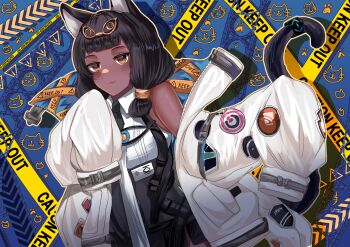 Rule 34 | 1girl, :3, animal ears, arknights, black hair, blue sealad, brown eyes, cat ears, cat girl, cat tail, caution tape, commentary, dark-skinned female, dark skin, dot nose, hair ornament, highres, jacket, long hair, long sleeves, puffy sleeves, single bare shoulder, sleeveless, smile, solo, tail, tail ornament, titi (arknights)