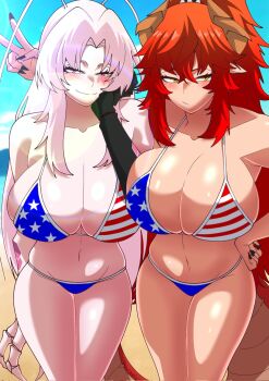 2girls american_flag american_flag_bikini american_flag_print arthropod_girl bikini binsake6969 black_nails blush breasts cleavage closed_mouth cockroach_girl dragon_girl dragon_horns dragon_tail dragon_wings flag_print flag_print_bikini highres horns indie_virtual_youtuber large_breasts looking_at_viewer matara_kan monster_girl multiple_girls nail_polish pink_hair print_bikini red_eyes red_hair smile socks_agency swimsuit tail v virtual_youtuber wings yellow_eyes zentreya zentreya_(dragon) zentreya_(dragon)_(cowboy_bikini)