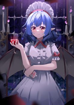 1girl absurdres bat_wings blue_hair candle chinese_commentary closed_mouth collared_shirt commentary_request cup drinking_glass headdress highres holding holding_cup juice looking_at_viewer pointy_ears puffy_short_sleeves puffy_sleeves red_eyes remilia_scarlet sdftehn shirt short_sleeves skirt smile solo tomato_juice touhou white_shirt white_skirt wings
