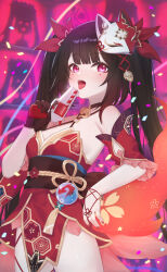 Rule 34 | 1girl, absurdres, bare shoulders, bell, black choker, black hair, breasts, choker, cleavage, commentary request, detached sleeves, dress, frilled sleeves, frills, fufumi, gun, hand up, handgun, highres, holding, holding gun, holding weapon, honkai: star rail, honkai (series), jingle bell, long hair, looking at viewer, mask, mask on head, medium breasts, nail polish, neck bell, obi, open mouth, pelvic curtain, purple eyes, red dress, red nails, red sleeves, sash, short sleeves, solo, sparkle (honkai: star rail), standing, tongue, tongue out, twintails, very long hair, weapon
