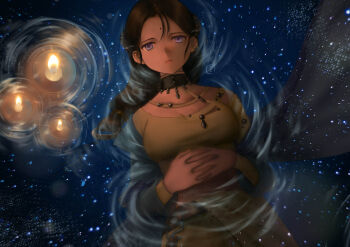 1girl absurdres bindi black_choker black_hair blue_coat breasts candle choker cleavage closed_mouth coat dark dark-skinned_female dark_skin facial_mark fire forehead_mark from_above hands_on_own_stomach highres interlocked_fingers kaalaa_baunaa long_hair looking_at_viewer lying midriff on_back own_hands_together pants partially_submerged purple_eyes reverse:1999 rifaen ripples shirt solo star_(sky) starry_sky_background upper_body water yellow_pants yellow_shirt