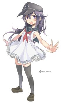 1girl :d adapted_costume akatsuki_(kancolle) anchor_symbol bare_arms black_hat black_sailor_collar black_thighhighs blush commentary_request double-parted_bangs dress flat_cap frilled_dress frills full_body grey_shoes hair_between_eyes hat highres kantai_collection loafers long_hair long_sidelocks looking_at_viewer motohara_moka neckerchief one-hour_drawing_challenge open_mouth outstretched_arms purple_eyes purple_hair red_neckerchief sailor_collar sailor_dress shoes sidelocks simple_background sleeveless sleeveless_dress smile solo standing thighhighs twitter_username white_dress