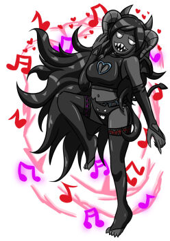 black_hair colored_skin demon_girl demon_horns highres horns leggings long_hair musical_note sharp_teeth siren_(the_binding_of_isaac) teeth the_binding_of_isaac
