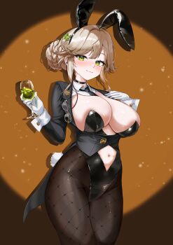 1girl :3 absurdres ade_(agent_bunny)_(nikke) ade_(nikke) animal_ears black_choker black_coat black_leotard blonde_hair breasts brown_pantyhose choker cleavage closed_mouth clothing_cutout coat commentary cowboy_shot cup drinking_glass english_commentary fake_animal_ears fake_tail fishnet_pantyhose fishnets gloves goddess_of_victory:_nikke green_eyes hair_bun highleg highleg_leotard highres holding holding_cup large_breasts leotard long_hair long_sleeves looking_at_viewer navel official_alternate_costume pantyhose rabbit_ears rabbit_tail smile solo stomach_cutout tail tailcoat vavamva white_gloves wine_glass wing_collar