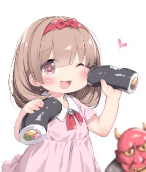 1girl :3 :d blush brown_hair commentary_request dress food hairband heart highres holding loli makizushi one_eye_closed open_mouth original sexually_suggestive smile sushi tamase_tama white_background