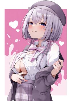 1girl artist_request blush border bow bowtie breasts closed_mouth collared_shirt commentary_request cowboy_shot grey_hair grey_hat grey_jacket grey_skirt hair_between_eyes hair_over_shoulder hair_ribbon hat highres indie_virtual_youtuber jacket large_breasts long_sleeves looking_at_viewer low_twintails naito_mare_(vtuber) no_bra open_clothes open_jacket outside_border partially_unbuttoned pink_bow pink_bowtie pink_ribbon plaid_clothes plaid_skirt pleated_skirt purple_eyes ribbon second-party_source seductive_smile shirt shirt_tucked_in single_off_shoulder skirt smile solo standing striped_bow striped_bowtie striped_clothes sweat twintails two-tone_background virtual_youtuber white_border white_shirt wing_collar