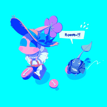 Rule 34 | back bow, basket, black eyes, black jacket, black skin, black vest, blue background, blue bow, blue eyes, blush stickers, bow, brown hat, circle skirt, colored skin, creature, creature focus, english text, fashion, flower, flying, flying sweatdrops, frilled skirt, frills, hands in pockets, happy, hat, hat bow, highres, holding, holding basket, hood, hood down, hooded jacket, jacket, long sleeves, looking ahead, looking at another, medium skirt, motion lines, nintendo, no humans, no mouth, open clothes, open jacket, pellet (pikmin), picnic basket, pikmin (creature), pikmin (series), pikmin 3, pocket, purple flower, rock, rock pikmin, running, shadow, shirt, simple background, skirt, skirt set, sleeveless, sleeveless shirt, solid eyes, speech bubble, speed lines, spilling, straw hat, sun hat, sweat, vest, white bow, white shirt, white skirt, winged pikmin, yu pikmin