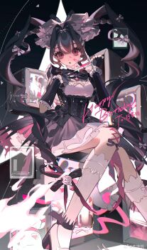 1girl absurdres black_bow black_dress black_hair blood bow breasts dress frills hair_bow highres holding kneehighs lamblab0824 lolita_fashion long_hair looking_at_viewer multicolored_hair original pink_bow pink_eyes ribbon sensitive sitting socks solo twintails very_long_hair white_socks