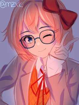Rule 34 | 1girl, blazer, brown jacket, brown sweater vest, doki doki literature club, doki doki literature club school uniform, grey jacket, highres, jacket, looking at viewer, mitsuju shok, neck ribbon, orange sweater vest, orange vest, pink hair, red ribbon, ribbon, sayori (doki doki literature club), school uniform, smile, solo, sweater vest, vest