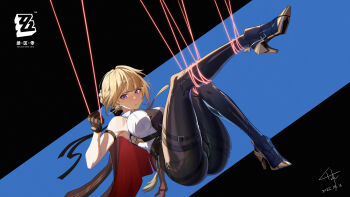 0qianben0 1girl absurdres ass black_ribbon blonde_hair braid breasts cameltoe closed_mouth commentary_request copyright_name dated evelyn_chevalier full_body gloves high_heels highres long_legs looking_at_viewer mole mole_under_eye purple_eyes ribbon short_hair signature solo string zenless_zone_zero