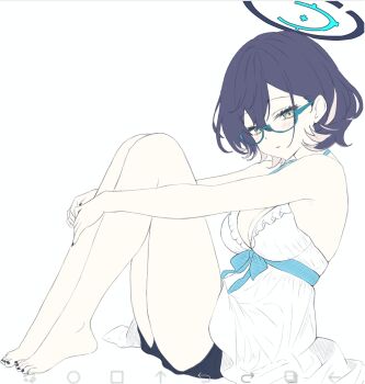 1girl alternate_costume aqua_eyes art_program_in_frame bare_arms bare_legs bare_shoulders barefoot black_hair black_nails black_shorts blue-framed_eyewear blue_archive blue_halo blush breasts chihiro_(blue_archive) cleavage closed_mouth commentary dress feet frilled_dress frills from_side full_body glasses hair_behind_ear hair_between_eyes halo highres hugging_own_legs ibispaint_(medium) knees_up large_breasts looking_at_viewer medium_hair nail_polish semi-rimless_eyewear short_dress shorts simple_background sitting sleeveless sleeveless_dress smile solo thighs toenail_polish toenails toes wa_sumi white_background white_dress