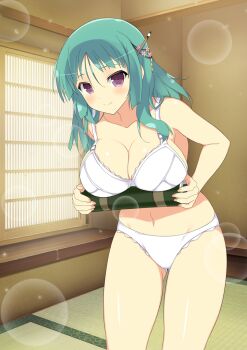 1girl :o architecture bare_arms bare_shoulders bashou_(senran_kagura) blush bra breast_rest breasts calligraphy_brush card_(medium) carried_breast_rest carrying character_name cleavage closed_mouth collarbone cowboy_shot east_asian_architecture flower frilled_bra frilled_panties frills gluteal_fold green_hair hair_between_eyes hair_flower hair_ornament holding holding_scroll indoors large_breasts leaning_forward lens_flare light_particles long_hair looking_at_viewer nail_polish non-web_source official_art paintbrush paintbrush_hair_ornament panties parted_lips pink_nails purple_eyes scroll senran_kagura senran_kagura_new_wave smile solo standing tatami underwear weapon white_bra white_panties