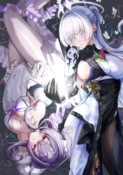 2girls armored_bodysuit armored_footwear armored_leotard blush bracelet breasts clothing_cutout colored_eyelashes covered_navel earrings goddess_of_victory:_nikke grey_hair halo highres japanese_clothes jellyfish jewelry kimono large_breasts leg_cutout leotard liberalio_(nikke) long_hair looking_at_viewer mechanical_arms medium_breasts multiple_girls nayuta_(nikke) pantyhose print_kimono purple_hair red_eyes see-through_pantyhose shupita single_mechanical_arm sleeves_past_wrists split-color_clothes thick_eyelashes white_eyelashes white_hair white_leotard white_pantyhose