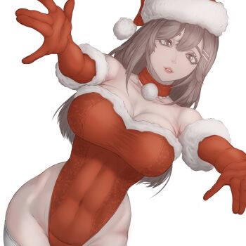 Rule 34 | 1girl, absurdres, commentary, covered navel, dutch angle, english commentary, fur-trimmed gloves, fur-trimmed headwear, fur-trimmed leotard, fur trim, gloves, grey eyes, grey hair, hair between eyes, hat, highleg, highleg leotard, highres, kuromoro, leotard, long hair, original, parted lips, reaching, reaching towards viewer, red gloves, red leotard, santa costume, santa hat, simple background, solo, white background